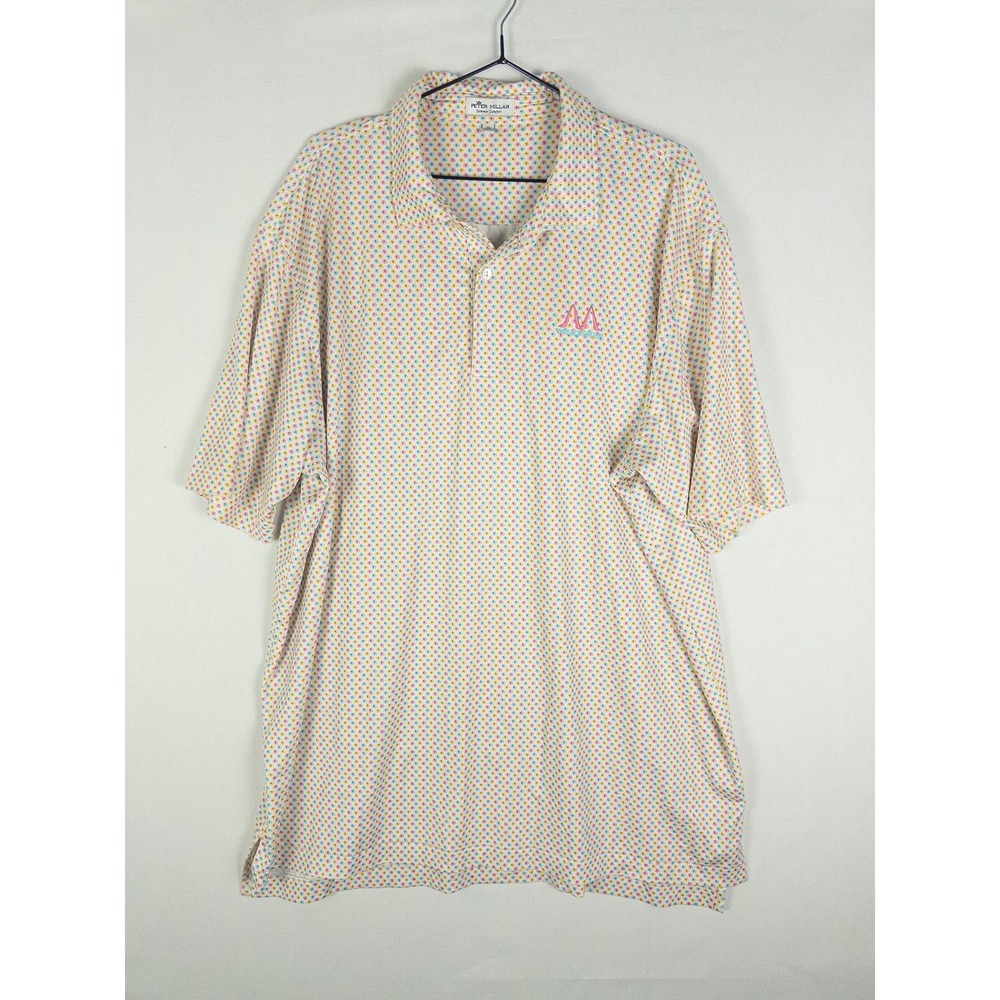 Peter Millar Summer Comfort Golf Polo Mens XL White Floral Print‎ Embroidered